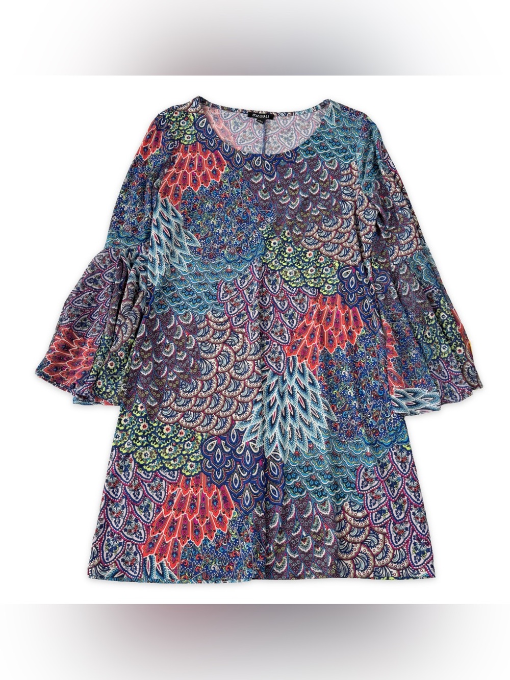 ROZ & ALI Tunic‎ Dress Womens M Multicolor Peacock Bell Sleeve Stretch Boho Chic